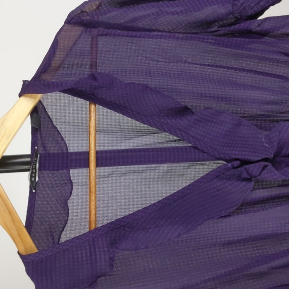 Basque Blouse Size 14 Purple Sheer Ruffle Short Sleeve Button-up Check Elastic - Picture 4 of 13